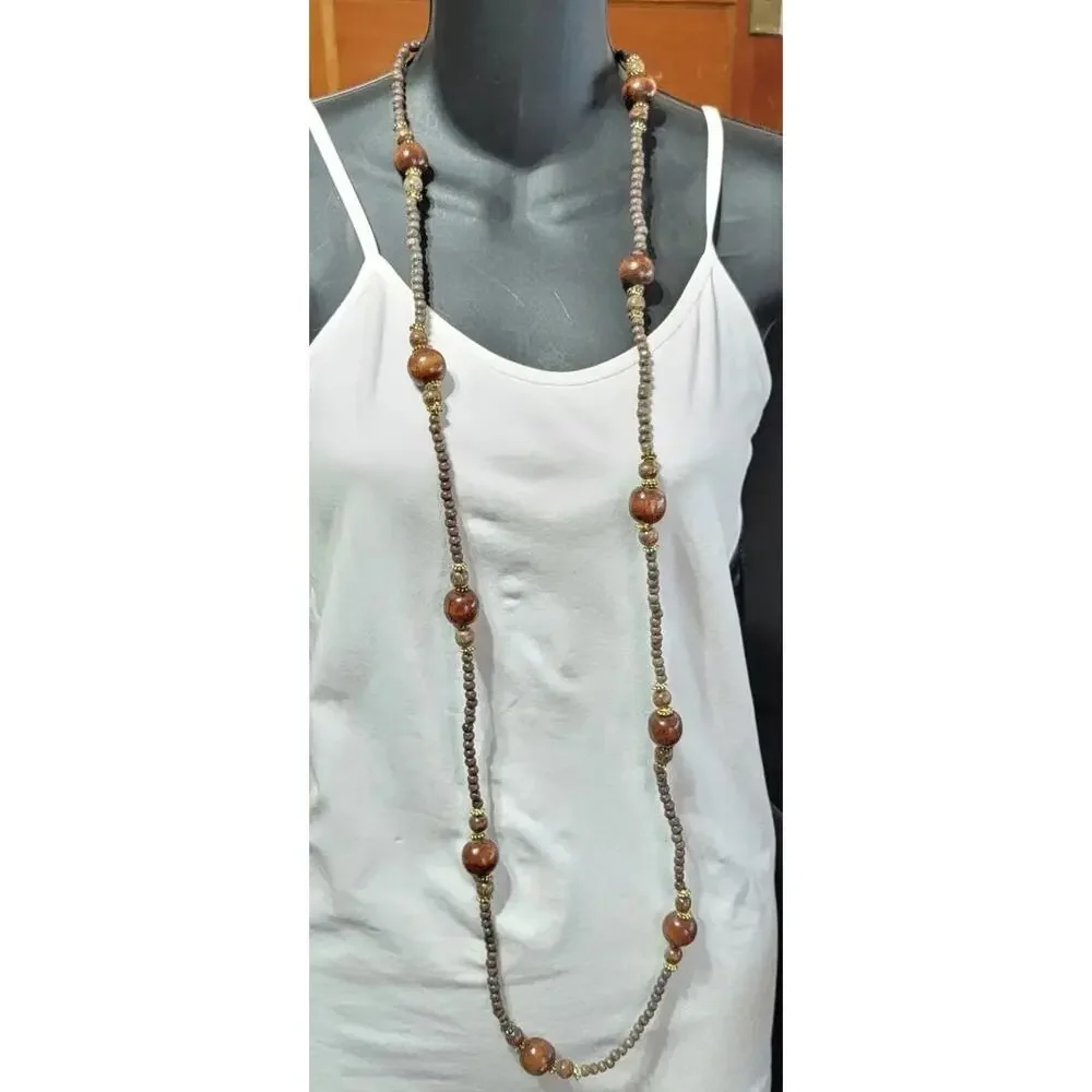 Vintage Long Wood Beaded Necklace 54” Boho Dark Brown‎ Gold-tone Tribal br01-09